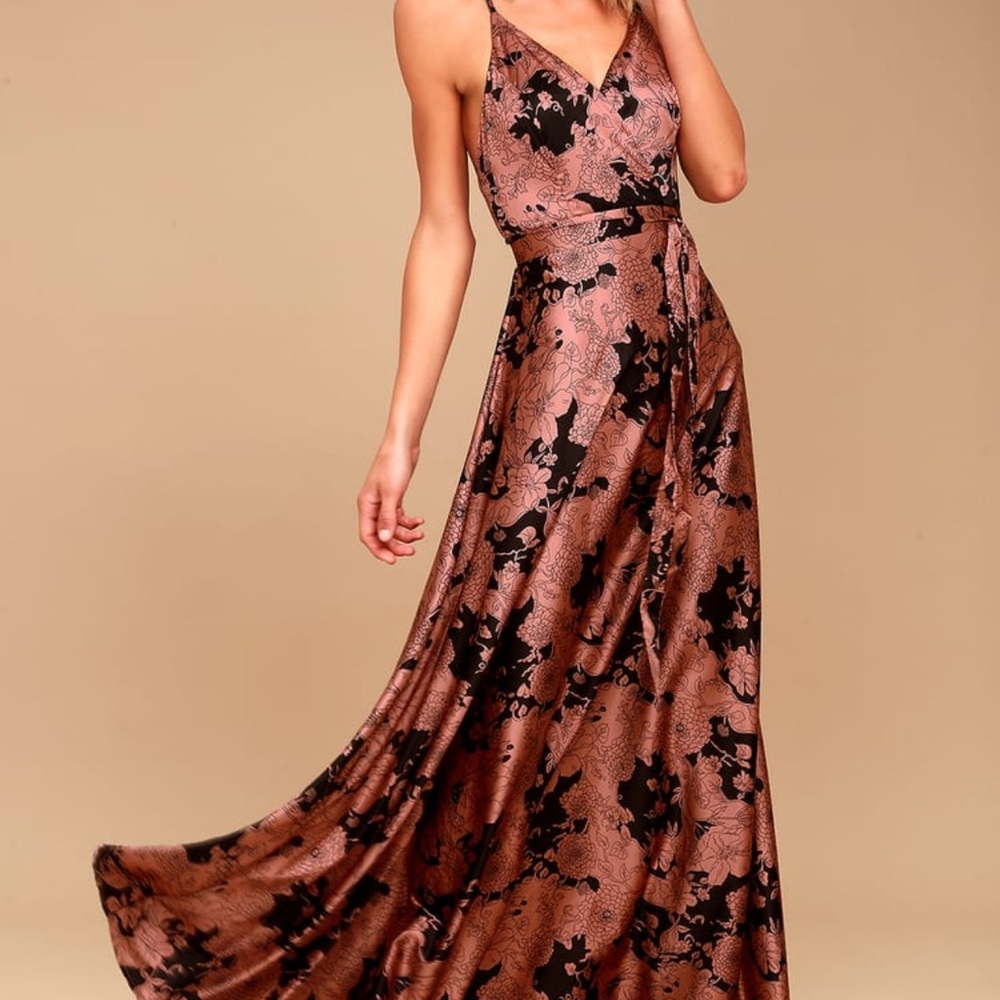 Tea Gardens Rusty Rose Floral Print Satin Maxi Dress